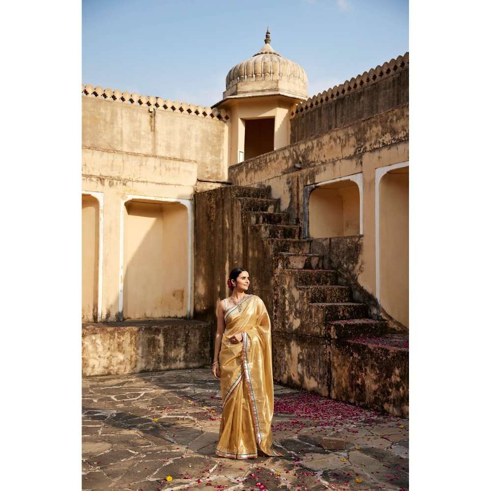 Geroo Jaipur Gold Floral Embroidered Pure Silk Banarasi Saree with Unstitched Blouse