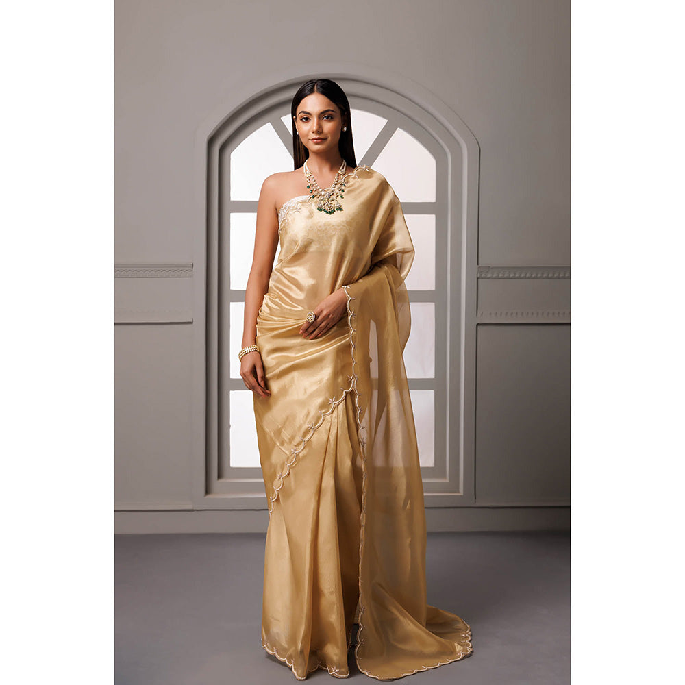 Geroo Jaipur Beige Gotta Patti Tissue Banarasi Saree with Unstitched Blouse