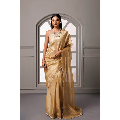 Geroo Jaipur Beige Gotta Patti Tissue Banarasi Saree with Unstitched Blouse