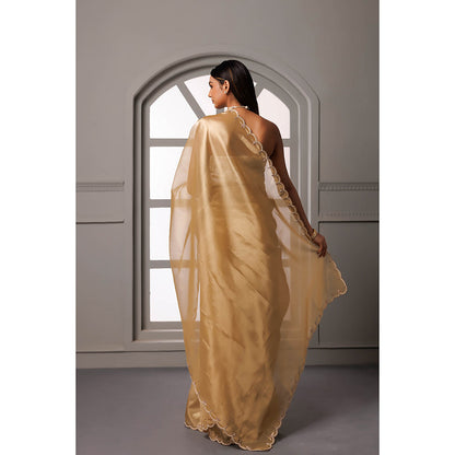 Geroo Jaipur Beige Gotta Patti Tissue Banarasi Saree with Unstitched Blouse