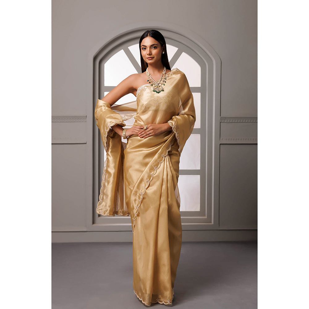 Geroo Jaipur Beige Gotta Patti Tissue Banarasi Saree with Unstitched Blouse