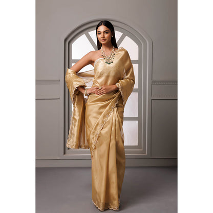 Geroo Jaipur Beige Gotta Patti Tissue Banarasi Saree with Unstitched Blouse