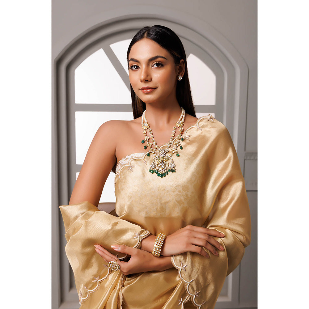 Geroo Jaipur Beige Gotta Patti Tissue Banarasi Saree with Unstitched Blouse