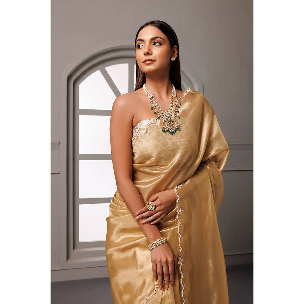 Geroo Jaipur Beige Gotta Patti Tissue Banarasi Saree with Unstitched Blouse