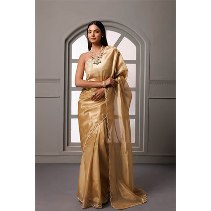 Geroo Jaipur Beige Gotta Patti Tissue Banarasi Saree with Unstitched Blouse