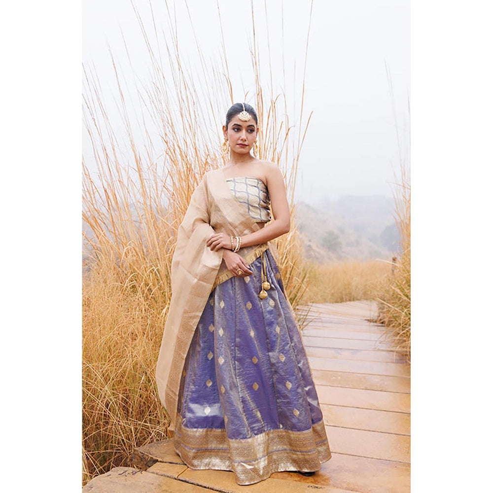 Geroo Jaipur Serene Blue and Beige Tissue Lehenga