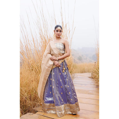 Geroo Jaipur Serene Blue and Beige Tissue Lehenga