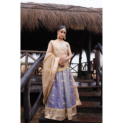 Geroo Jaipur Serene Blue and Beige Tissue Lehenga