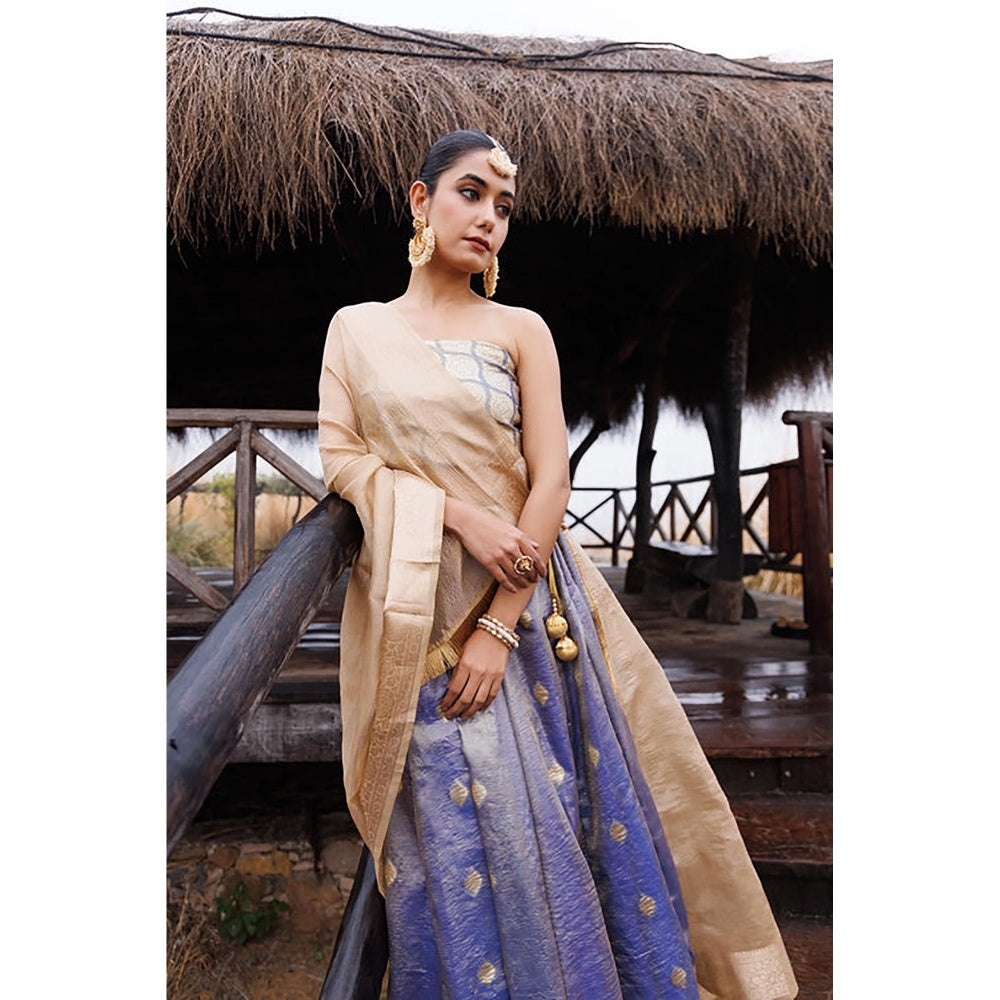 Geroo Jaipur Serene Blue and Beige Tissue Lehenga