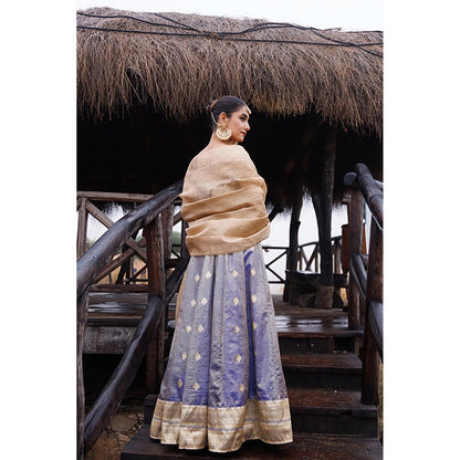 Geroo Jaipur Serene Blue and Beige Tissue Lehenga