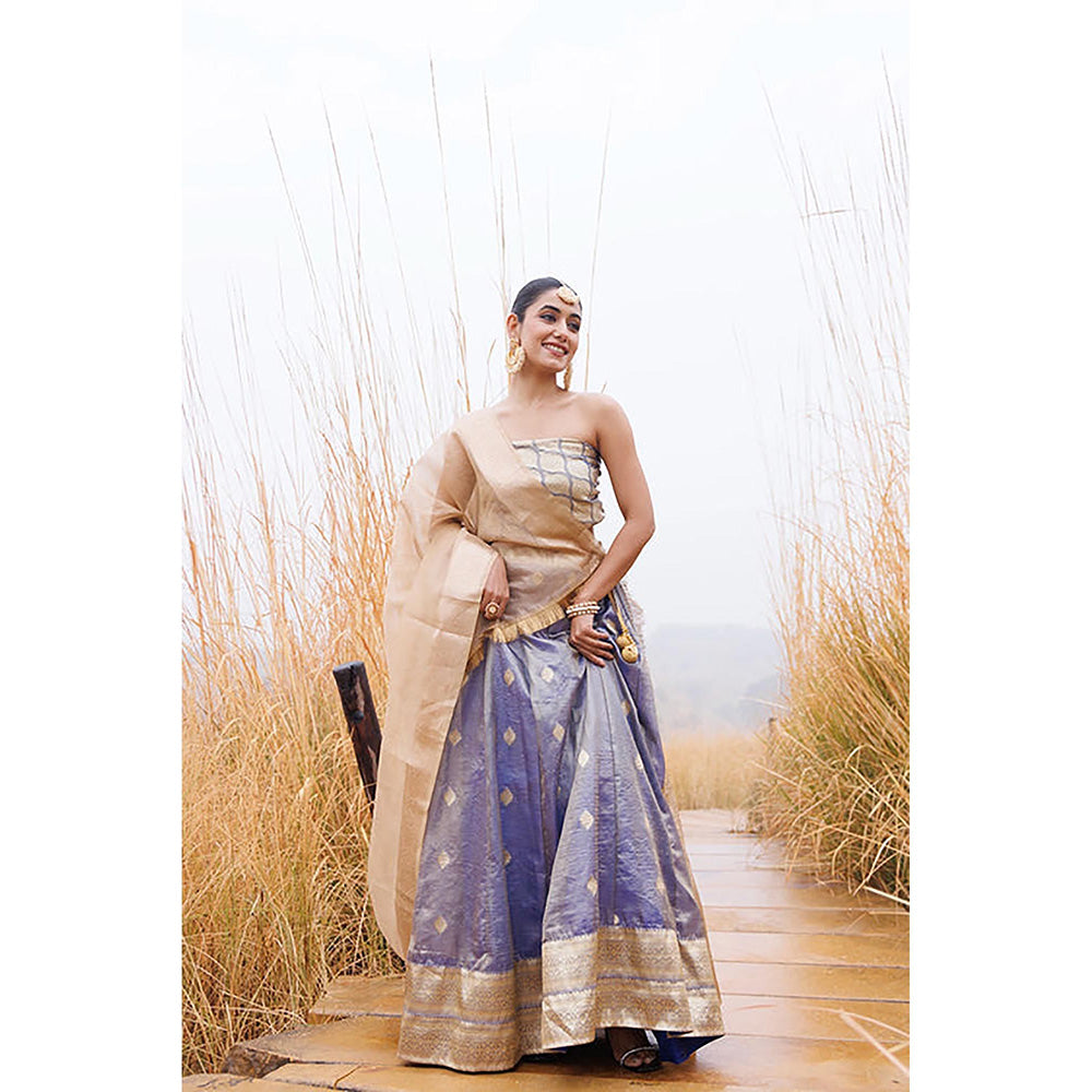 Geroo Jaipur Serene Blue and Beige Tissue Lehenga