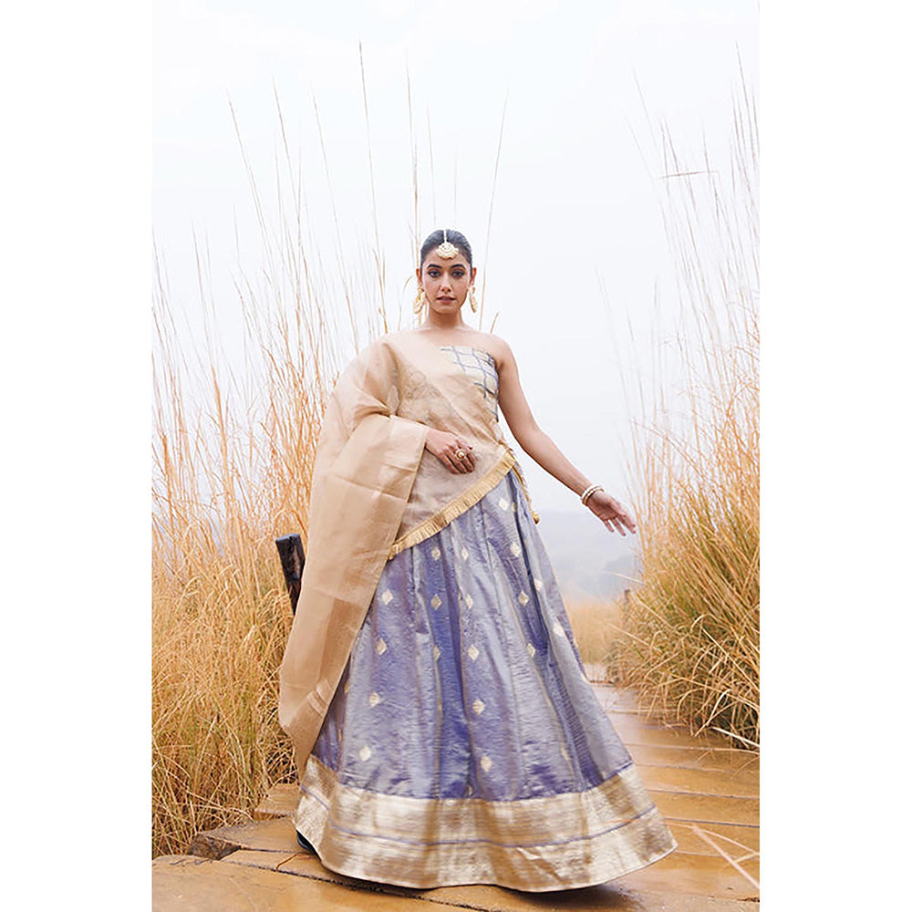 Geroo Jaipur Serene Blue and Beige Tissue Lehenga