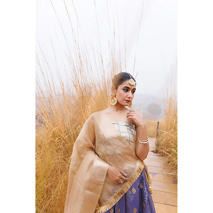 Geroo Jaipur Serene Blue and Beige Tissue Lehenga