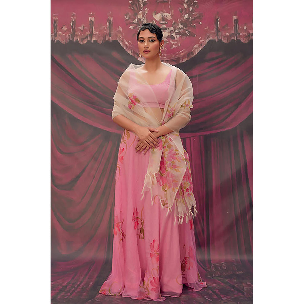 Geroo Jaipur Ethereal Pink Hand-Painted Chiffon Lehenga Set