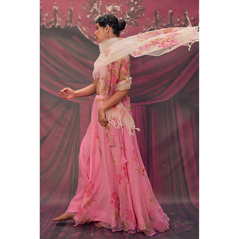 Geroo Jaipur Ethereal Pink Hand-Painted Chiffon Lehenga Set