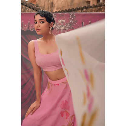 Geroo Jaipur Ethereal Pink Hand-Painted Chiffon Lehenga Set