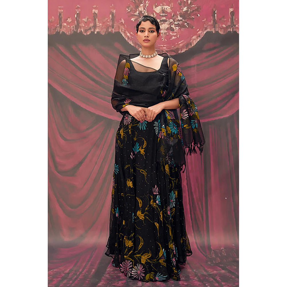 Geroo Jaipur Ethereal Black Hand-Painted Chiffon Lehenga Set