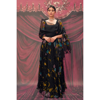Geroo Jaipur Ethereal Black Hand-Painted Chiffon Lehenga Set