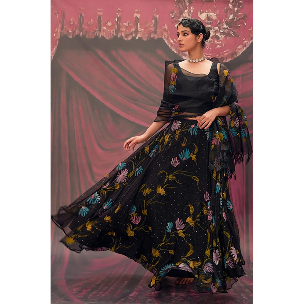 Geroo Jaipur Ethereal Black Hand-Painted Chiffon Lehenga Set