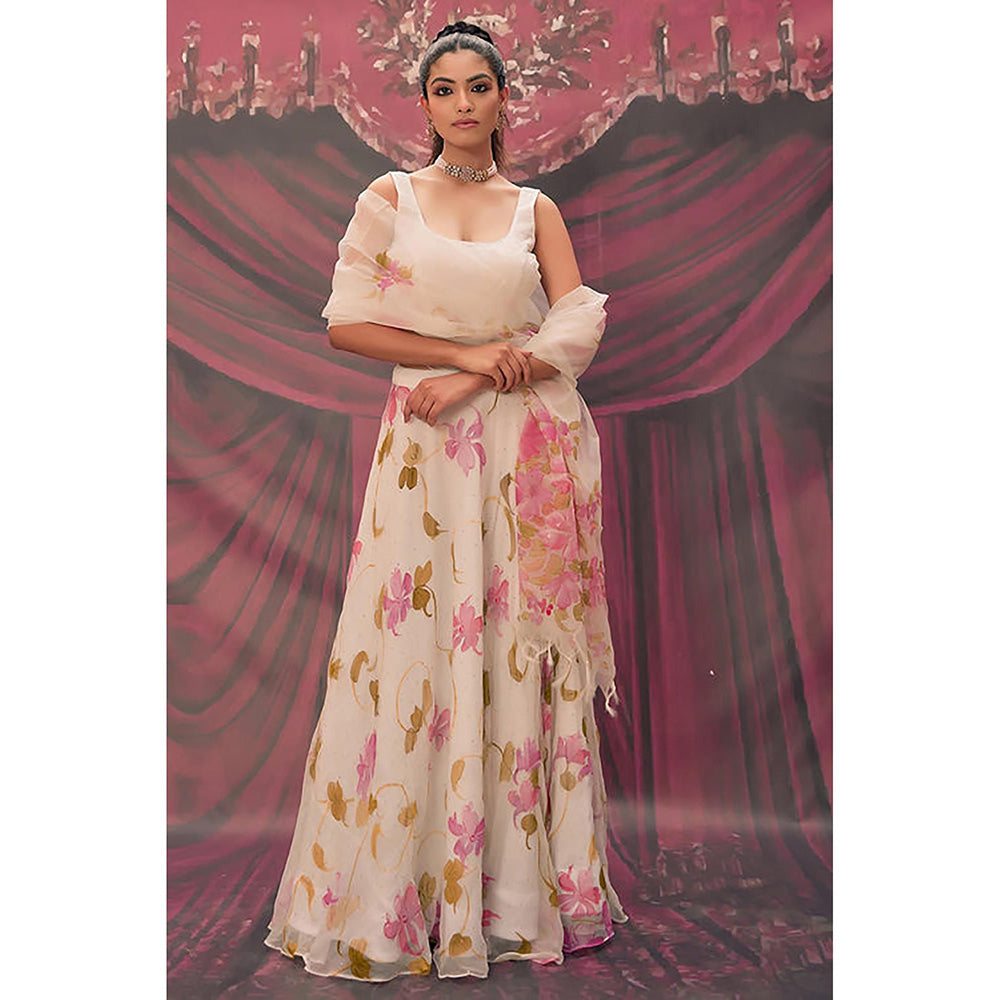 Geroo Jaipur Ethereal White Hand-Painted Chiffon Lehenga Set