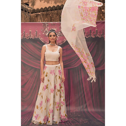 Geroo Jaipur Ethereal White Hand-Painted Chiffon Lehenga Set
