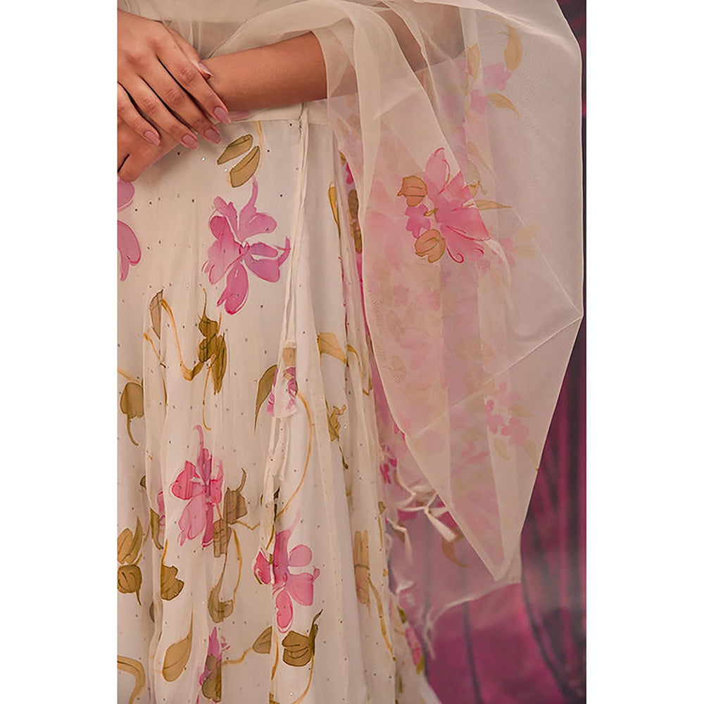 Geroo Jaipur Ethereal White Hand-Painted Chiffon Lehenga Set