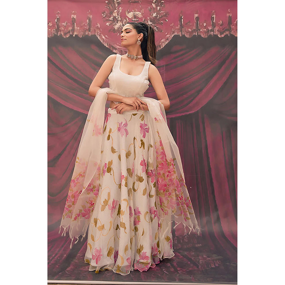 Geroo Jaipur Ethereal White Hand-Painted Chiffon Lehenga Set