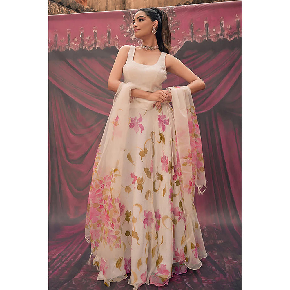 Geroo Jaipur Ethereal White Hand-Painted Chiffon Lehenga Set