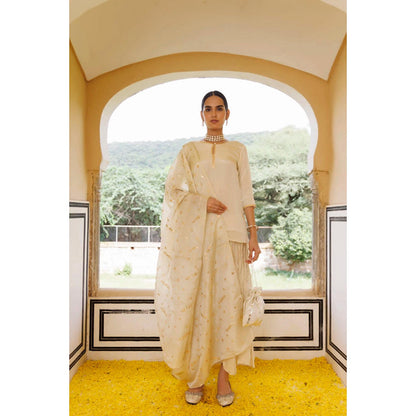 Geroo Jaipur Off White Chanderi Mukaish Embroidered Garara Kurta Set with Gota Patti Dupatta