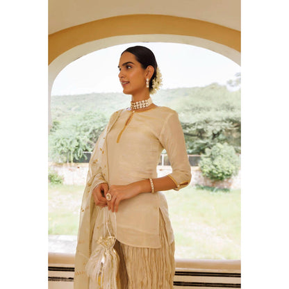 Geroo Jaipur Off White Chanderi Mukaish Embroidered Garara Kurta Set with Gota Patti Dupatta
