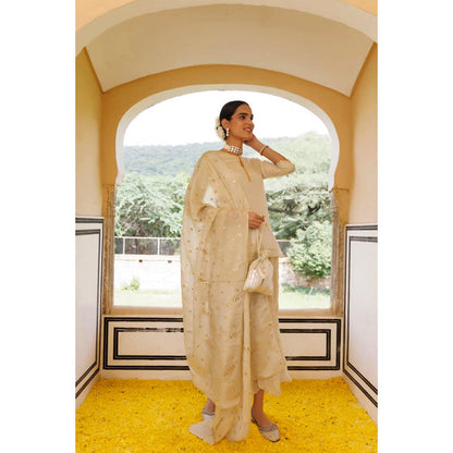 Geroo Jaipur Off White Chanderi Mukaish Embroidered Garara Kurta Set with Gota Patti Dupatta