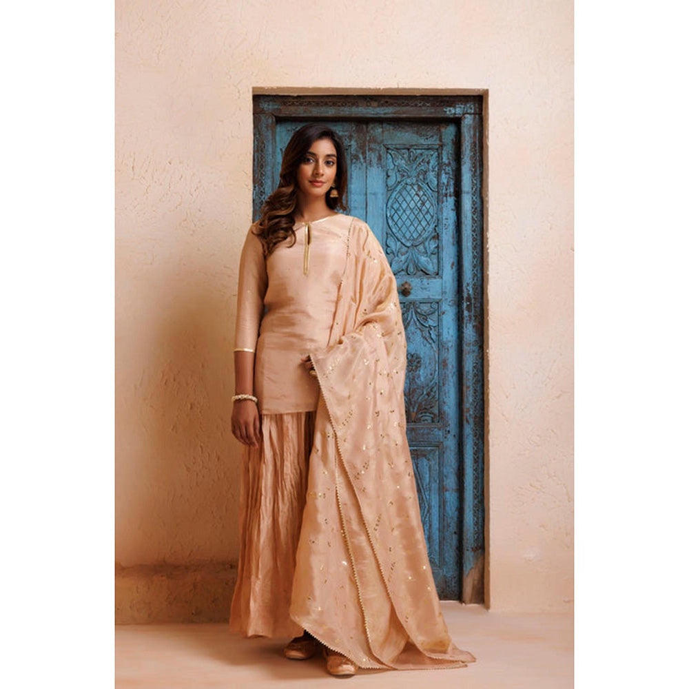 Geroo Jaipur Beige Chanderi Mukaish Embroidered Garara Kurta Set with Gota Patti Dupatta