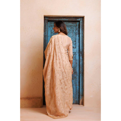 Geroo Jaipur Beige Chanderi Mukaish Embroidered Garara Kurta Set with Gota Patti Dupatta