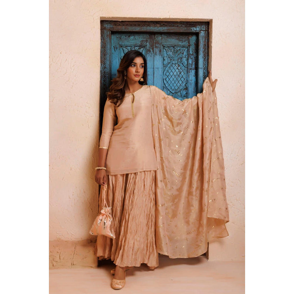 Geroo Jaipur Beige Chanderi Mukaish Embroidered Garara Kurta Set with Gota Patti Dupatta