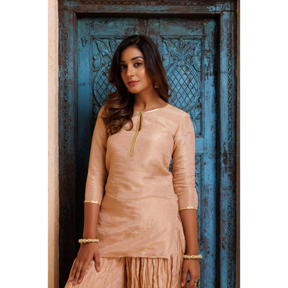 Geroo Jaipur Beige Chanderi Mukaish Embroidered Garara Kurta Set with Gota Patti Dupatta