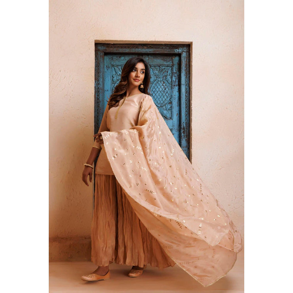Geroo Jaipur Beige Chanderi Mukaish Embroidered Garara Kurta Set with Gota Patti Dupatta