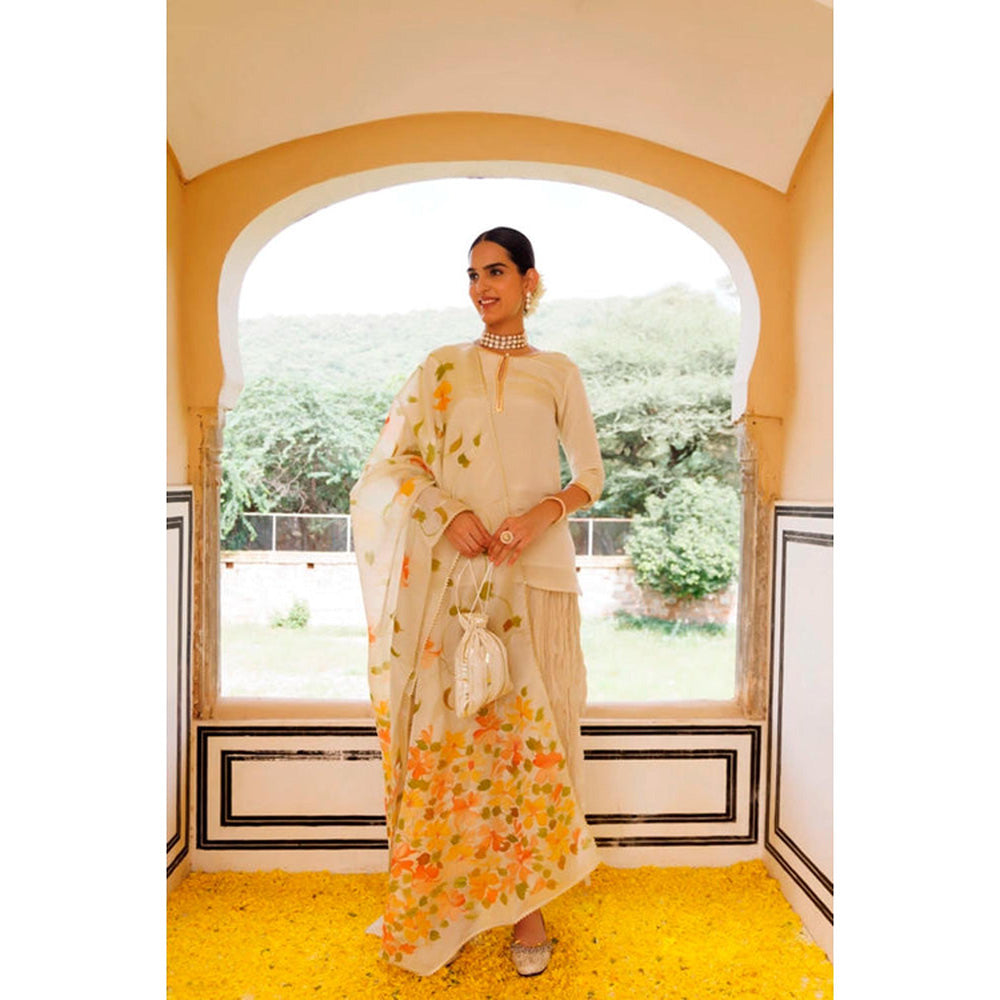 Geroo Jaipur Off White Mukaish Embroidered Sharara with Kurta and Dupatta