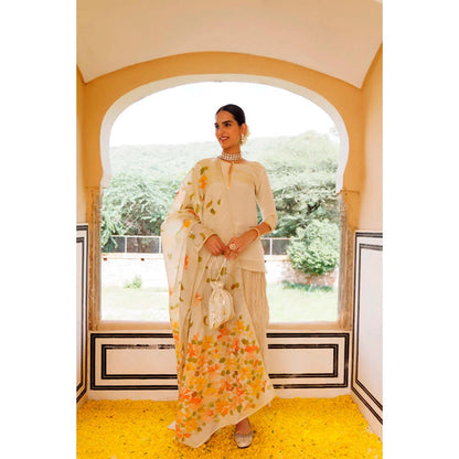 Geroo Jaipur Off White Mukaish Embroidered Sharara with Kurta and Dupatta