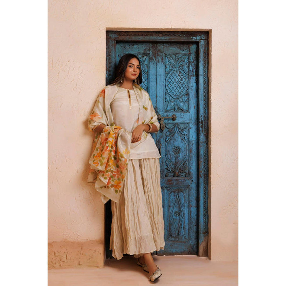 Geroo Jaipur Off White Mukaish Embroidered Sharara with Kurta and Dupatta