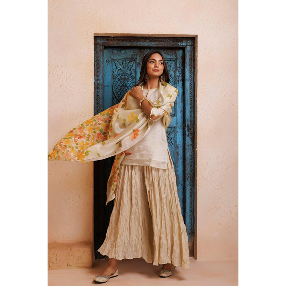 Geroo Jaipur Off White Mukaish Embroidered Sharara with Kurta and Dupatta