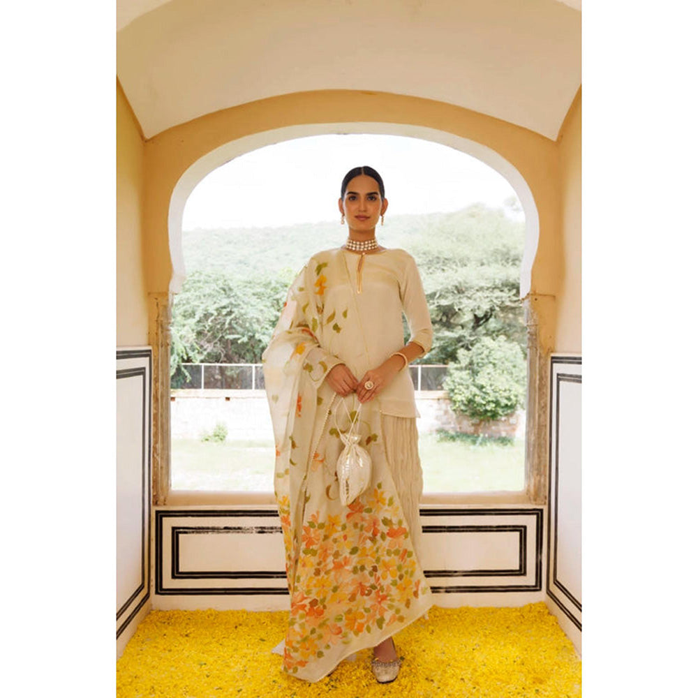 Geroo Jaipur Off White Mukaish Embroidered Sharara with Kurta and Dupatta