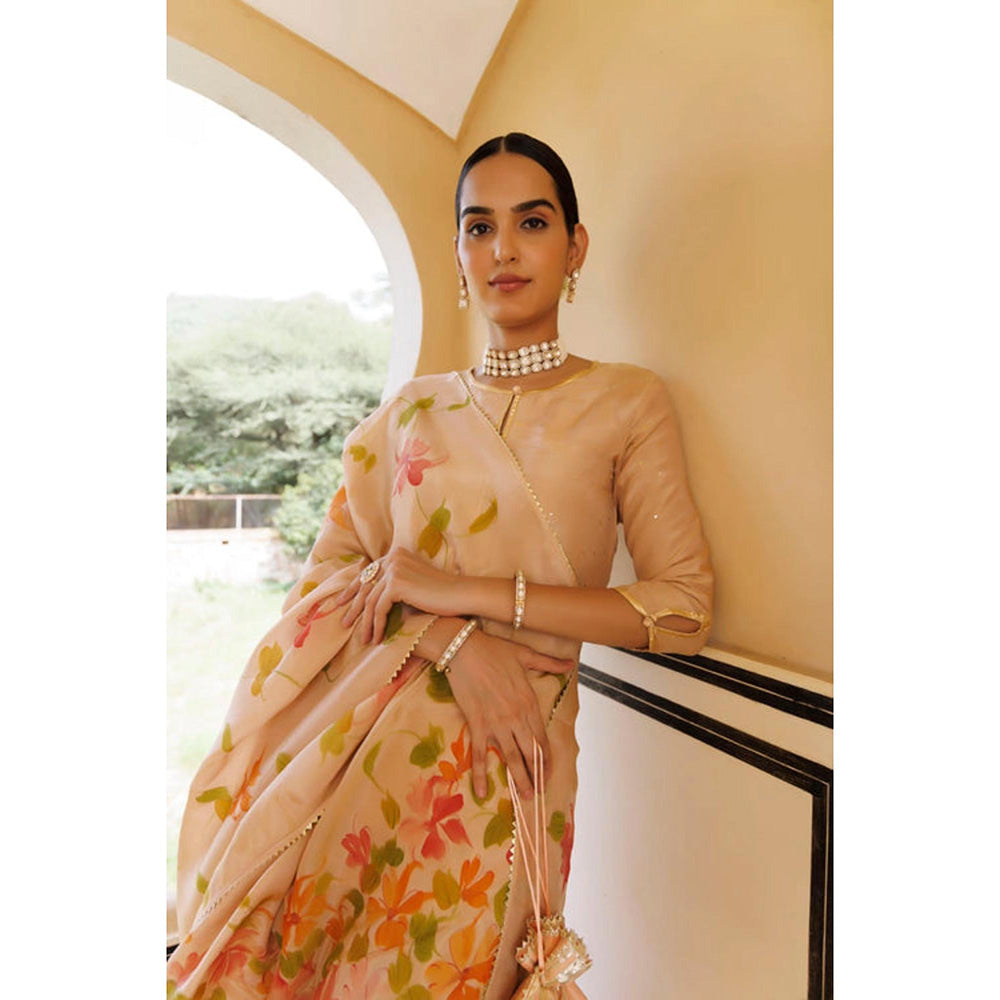 Geroo Jaipur Beige Embroidered sarara Kurta Set with Dupatta