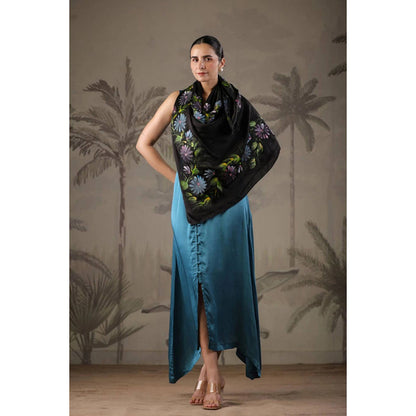 Geroo Jaipur Teal Blue Dress with Hand Painted Black Scarf