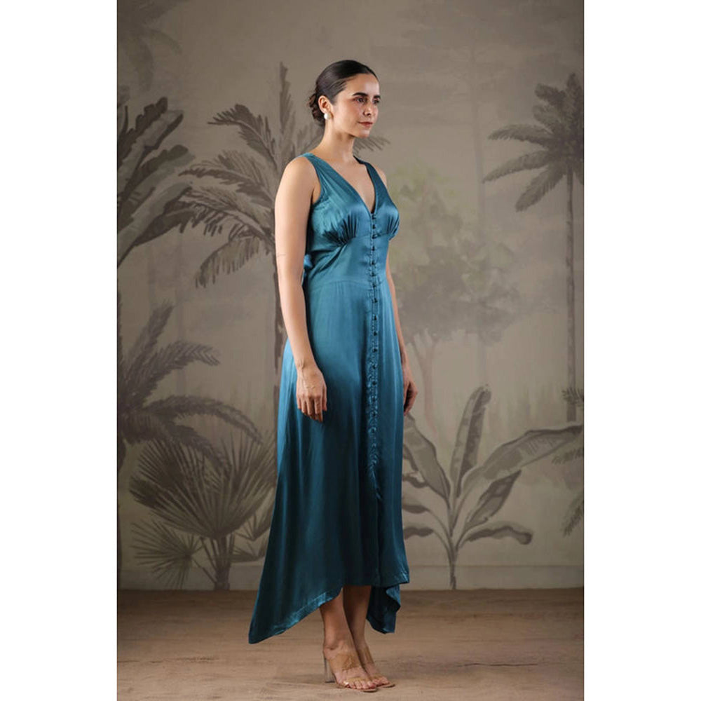 Geroo Jaipur Teal Blue Dress with Hand Painted Black Scarf