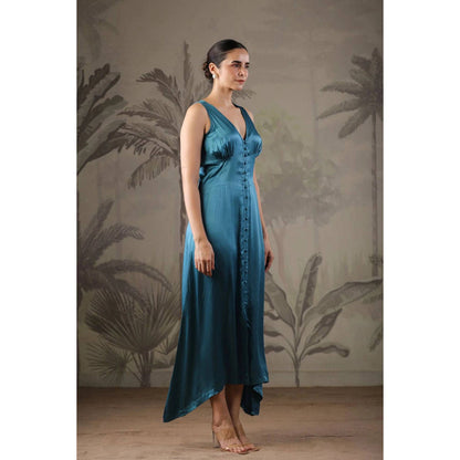 Geroo Jaipur Teal Blue Dress with Hand Painted Black Scarf