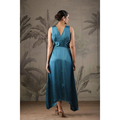 Geroo Jaipur Teal Blue Dress with Hand Painted Black Scarf