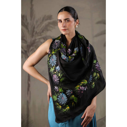 Geroo Jaipur Teal Blue Dress with Hand Painted Black Scarf