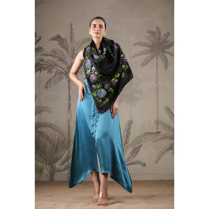 Geroo Jaipur Teal Blue Dress with Hand Painted Black Scarf