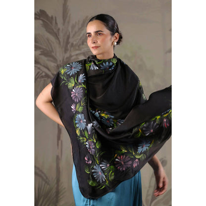Geroo Jaipur Teal Blue Dress with Hand Painted Black Scarf