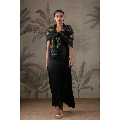 Geroo Jaipur Black Dress with Hand Painted Black Scarf